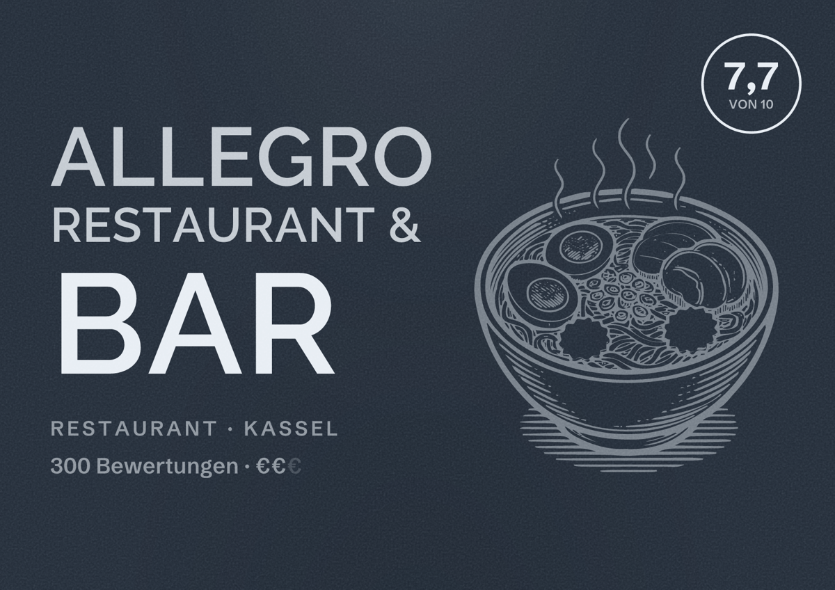 Illustriertes Poster von allegro Restaurant & Bar, Restaurant in Kassel: Bewertung 7,7 von 10 aus 300 Bewertungen, Preisniveau €€
