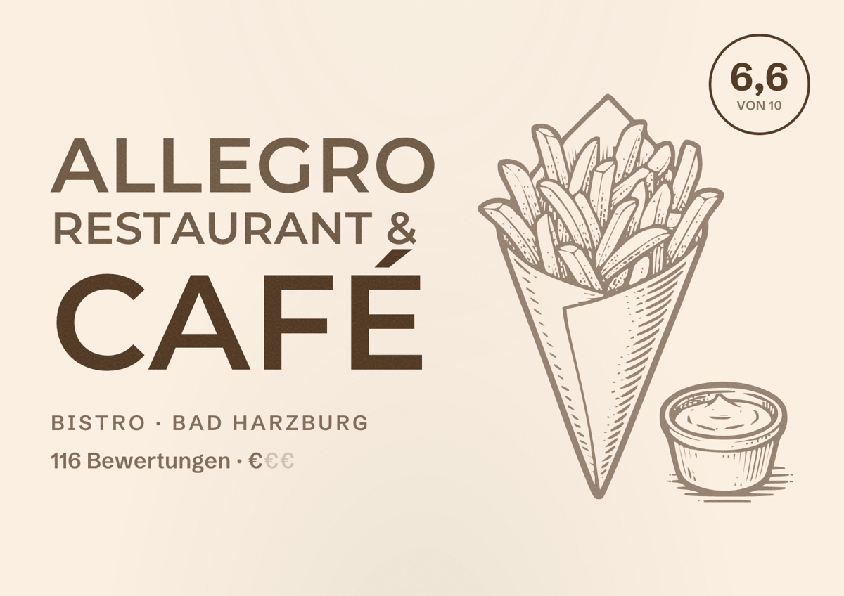 Illustriertes Poster von Allegro Restaurant & Café, Bistro in Bad Harzburg: Bewertung 6,6 von 10 aus 116 Bewertungen, Preisniveau €