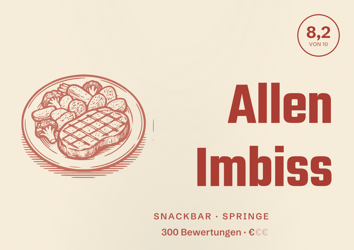 Illustriertes Poster von Allen Imbiss, Snackbar in Springe: Bewertung 8,2 von 10 aus 300 Bewertungen, Preisniveau €