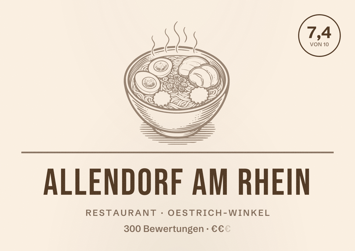 Illustriertes Poster von ALLENDORF AM RHEIN, Restaurant in Oestrich-Winkel: Bewertung 7,4 von 10 aus 300 Bewertungen, Preisniveau €€