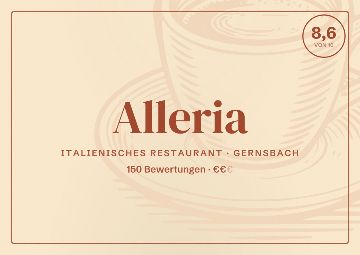Illustriertes Poster von Alleria, Italienisches Restaurant in Gernsbach: Bewertung 8,6 von 10 aus 150 Bewertungen, Preisniveau €€