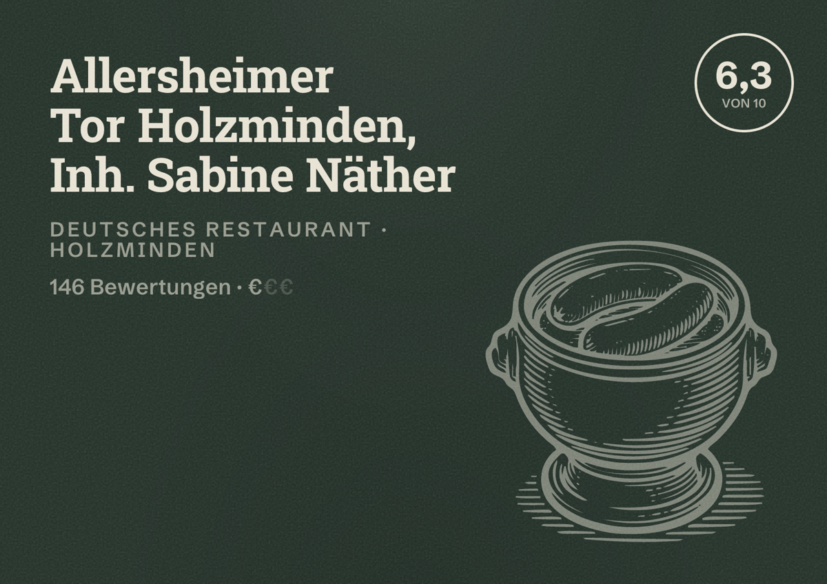Illustriertes Poster von Allersheimer Tor Holzminden, Inh. Sabine Näther, Deutsches Restaurant in Holzminden: Bewertung 6,3 von 10 aus 146 Bewertungen, Preisniveau €