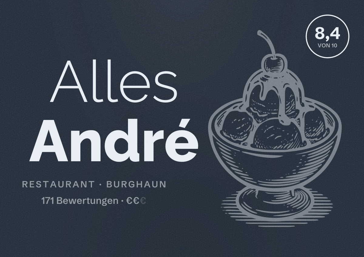 Illustriertes Poster von Alles André, Restaurant in Burghaun: Bewertung 8,4 von 10 aus 171 Bewertungen, Preisniveau €€