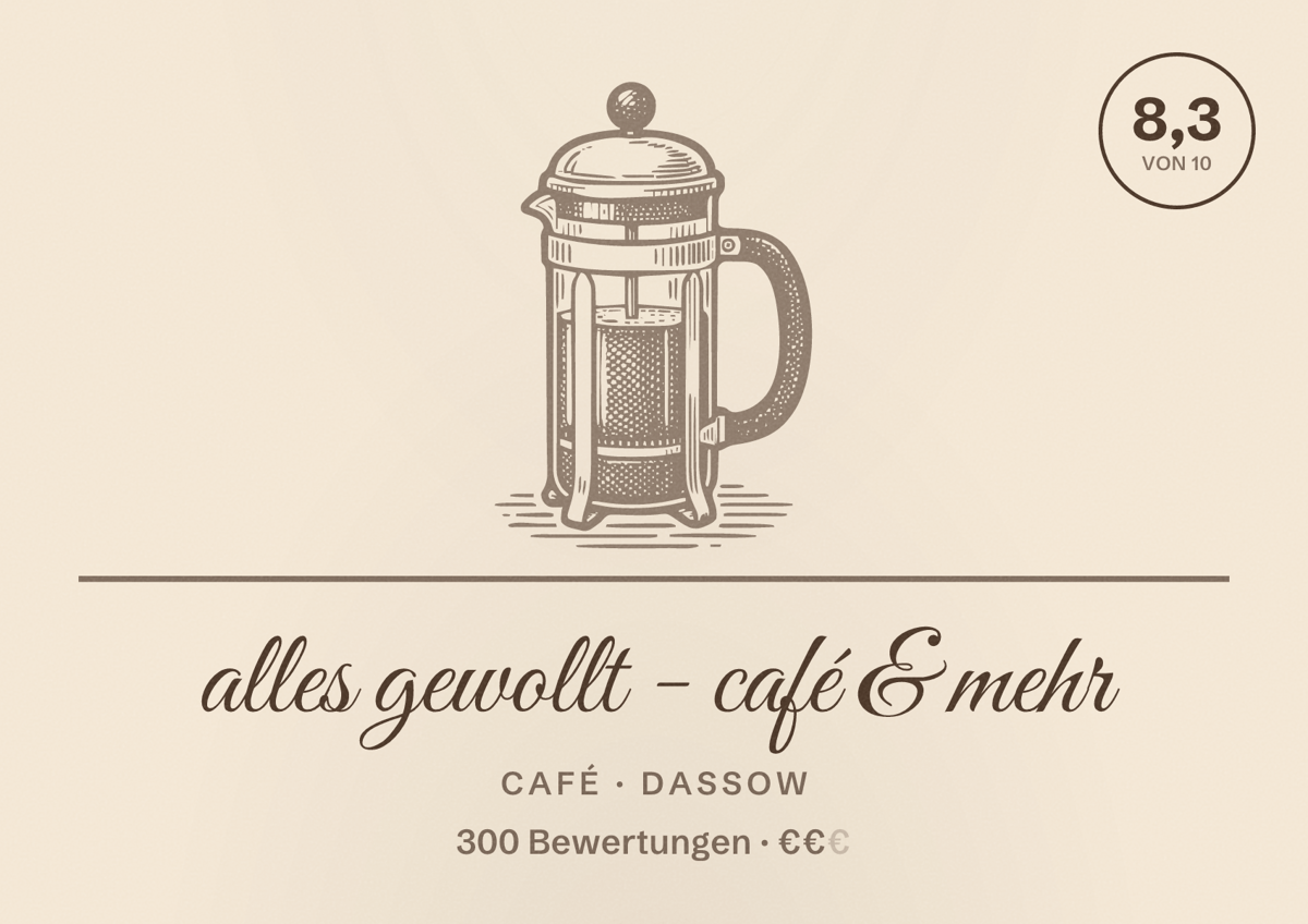 Illustriertes Poster von alles gewollt - café & mehr, Café in Dassow: Bewertung 8,3 von 10 aus 300 Bewertungen, Preisniveau €€