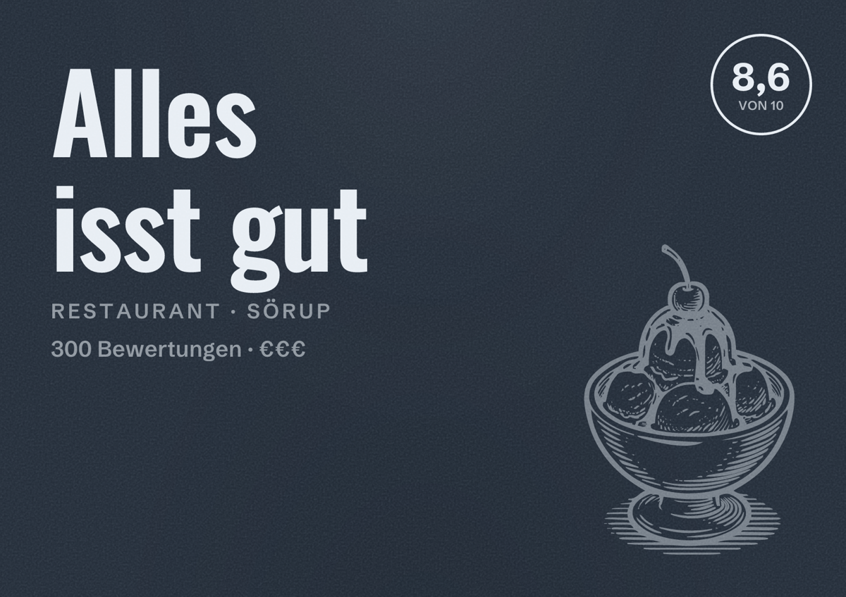 Illustriertes Poster von Alles isst gut, Restaurant in Sörup: Bewertung 8,6 von 10 aus 300 Bewertungen, Preisniveau €€€