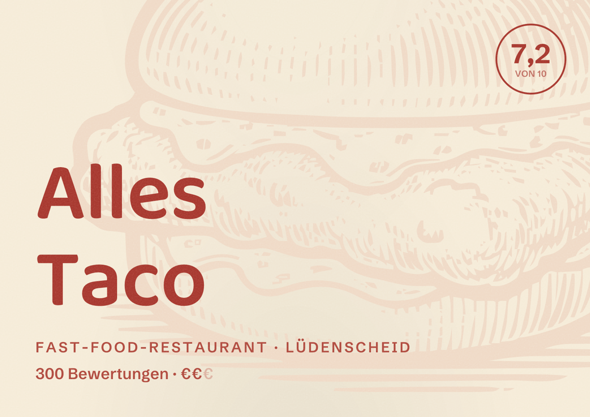 Illustriertes Poster von Alles Taco, Fast-Food-Restaurant in Lüdenscheid: Bewertung 7,2 von 10 aus 300 Bewertungen, Preisniveau €€