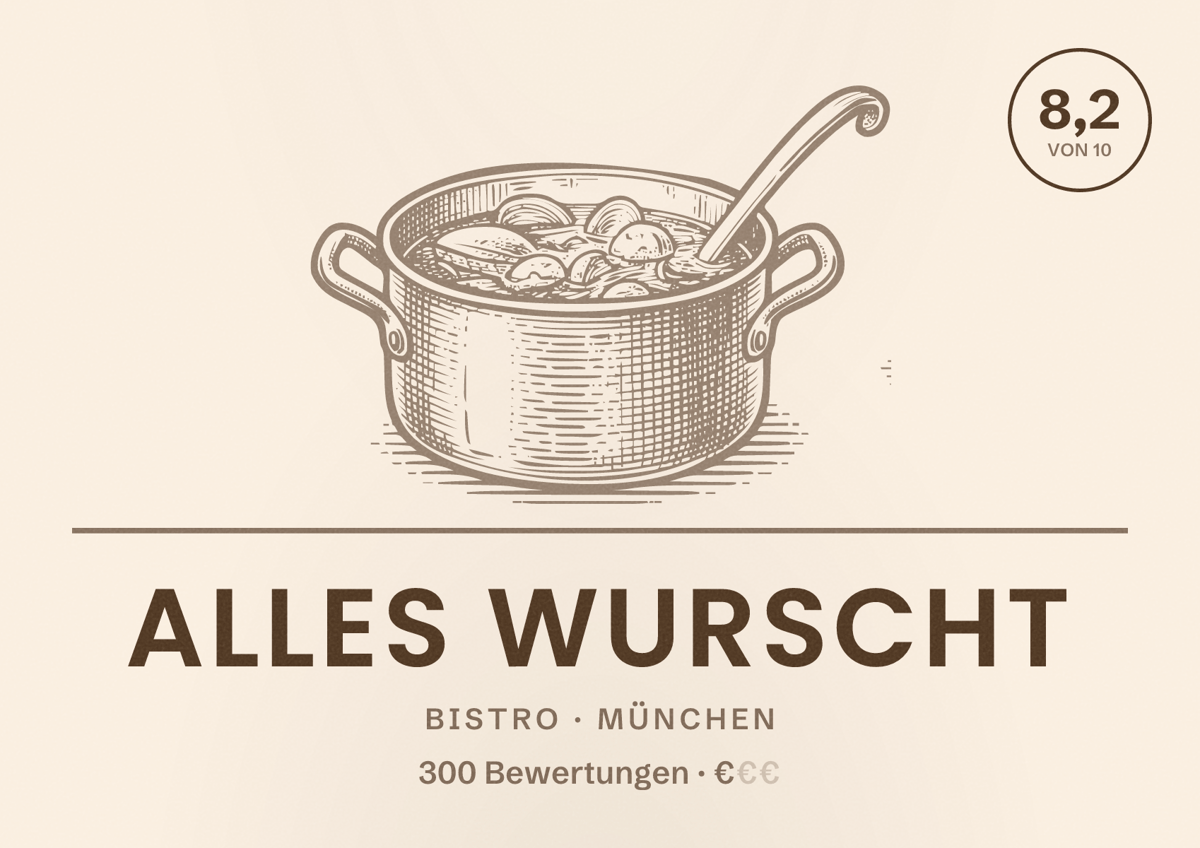 Illustriertes Poster von Alles Wurscht, Bistro in München: Bewertung 8,2 von 10 aus 300 Bewertungen, Preisniveau €
