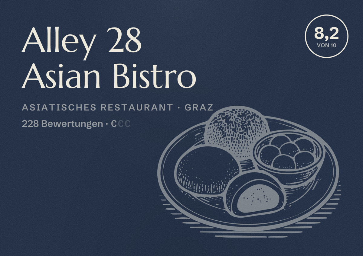 Illustriertes Poster von Alley 28 Asian Bistro, Asiatisches Restaurant in Graz: Bewertung 8,2 von 10 aus 228 Bewertungen, Preisniveau €