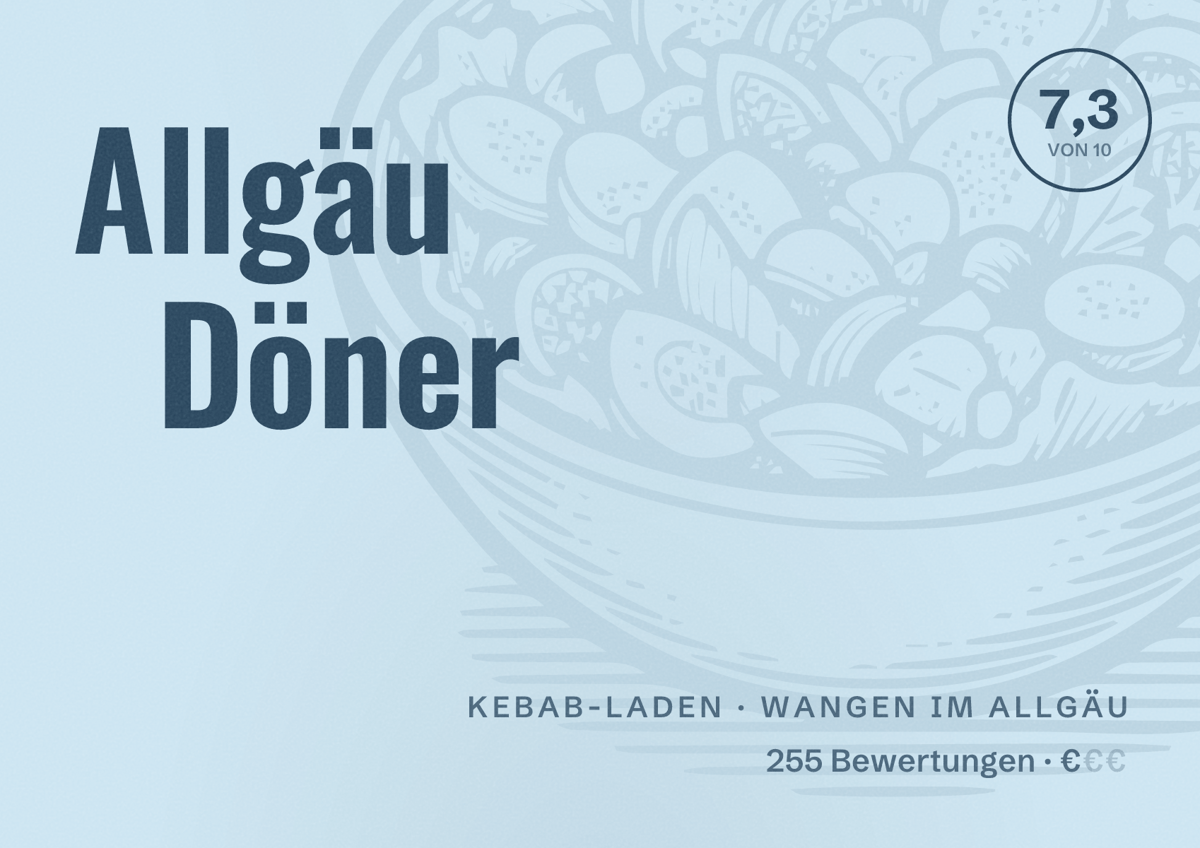 Illustriertes Poster von Allgäu Döner, Kebab-Laden in Wangen im Allgäu: Bewertung 7,3 von 10 aus 255 Bewertungen, Preisniveau €