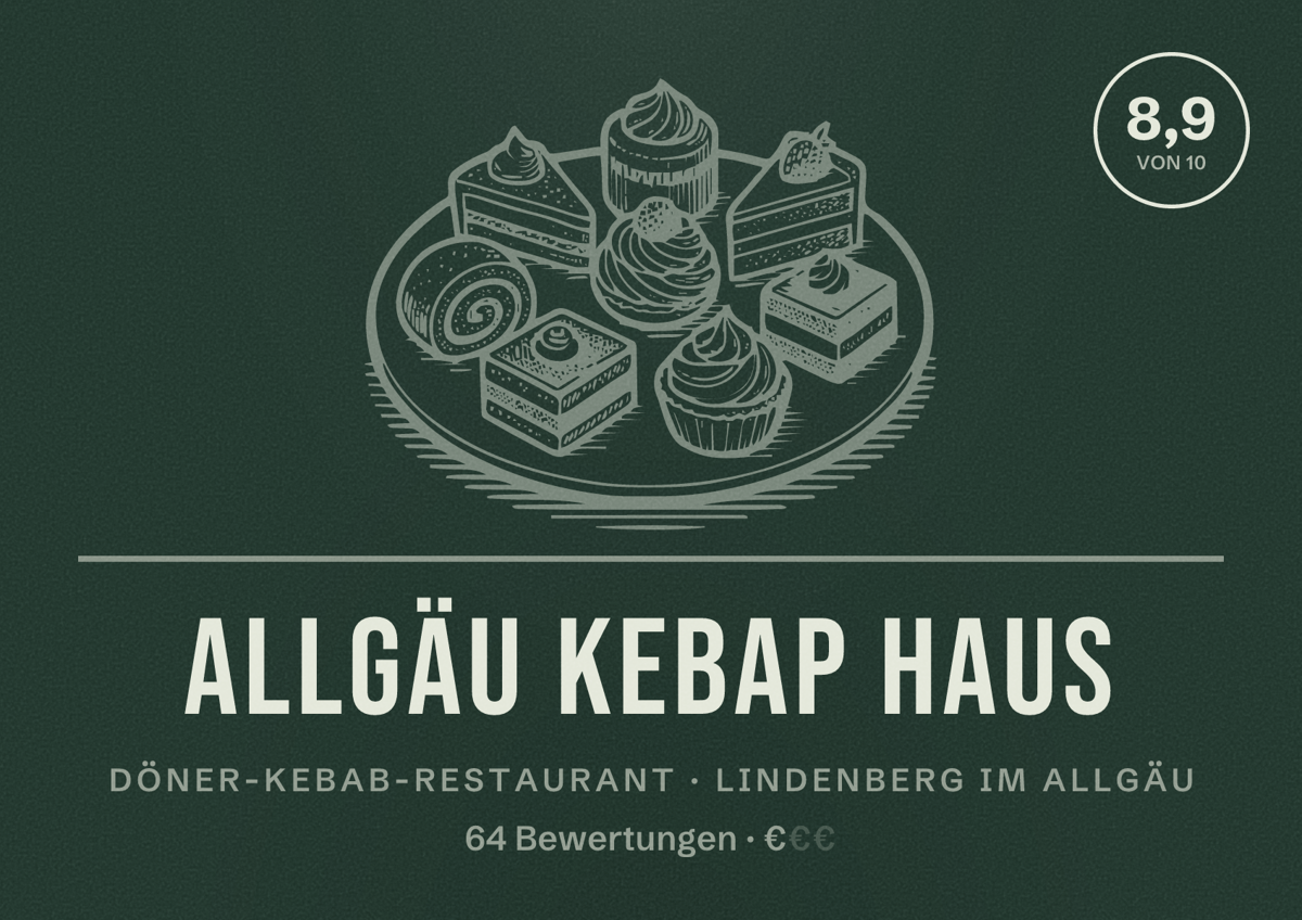 Illustriertes Poster von Allgäu Kebap Haus, Döner-Kebab-Restaurant in Lindenberg im Allgäu: Bewertung 8,9 von 10 aus 64 Bewertungen, Preisniveau €