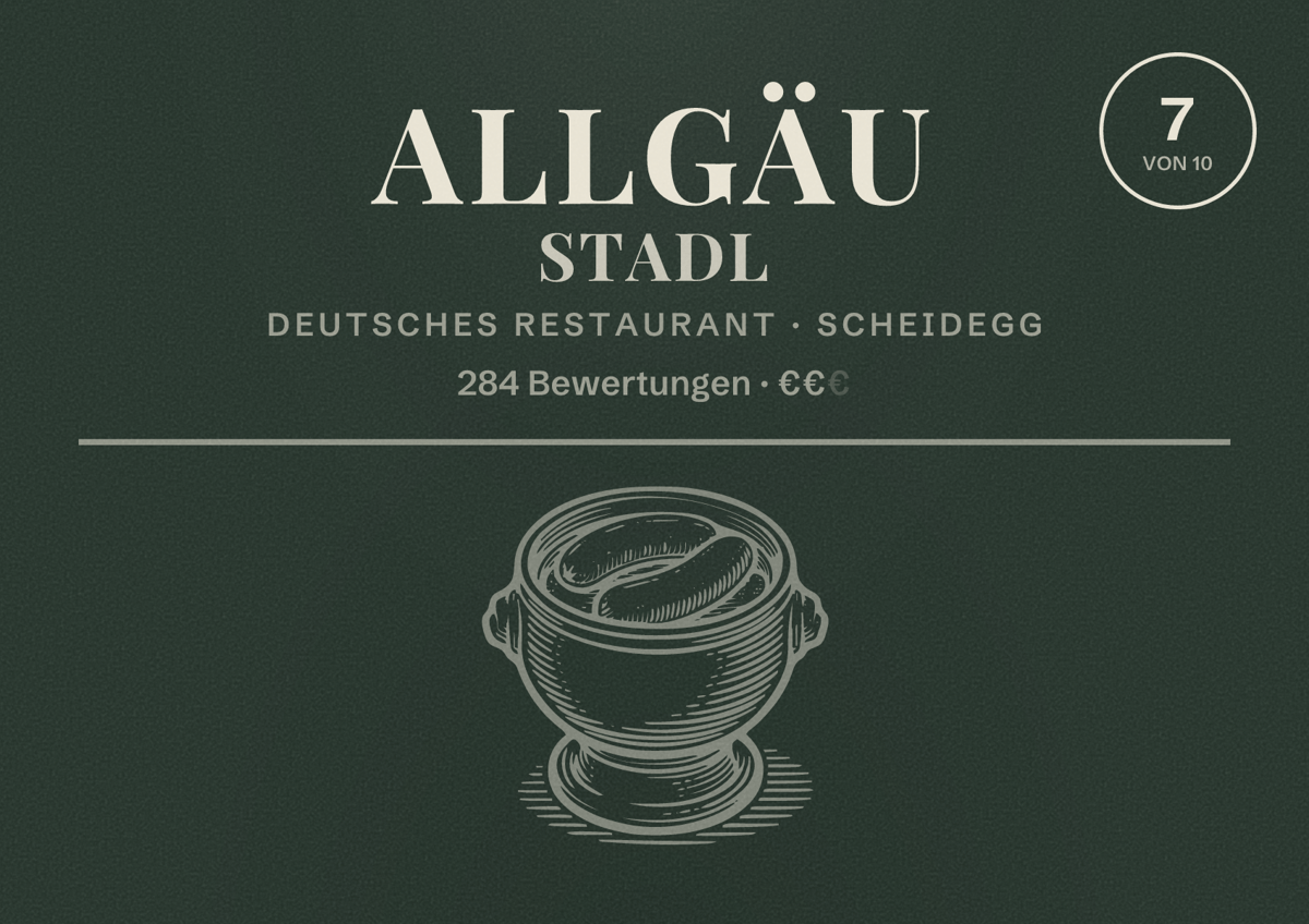 Illustriertes Poster von Allgäu Stadl, Deutsches Restaurant in Scheidegg: Bewertung 7 von 10 aus 284 Bewertungen, Preisniveau €€