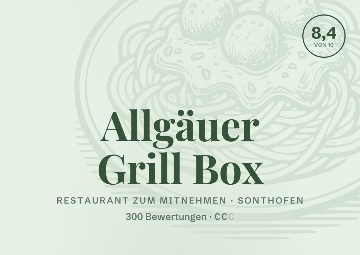 Illustriertes Poster von Allgäuer Grill Box, Restaurant zum Mitnehmen in Sonthofen: Bewertung 8,4 von 10 aus 300 Bewertungen, Preisniveau €€