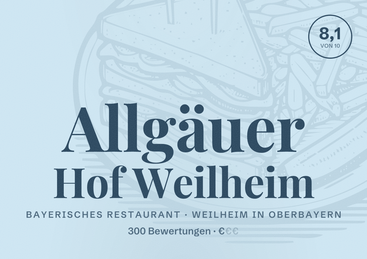 Illustriertes Poster von Allgäuer Hof Weilheim, Bayerisches Restaurant in Weilheim in Oberbayern: Bewertung 8,1 von 10 aus 300 Bewertungen, Preisniveau €