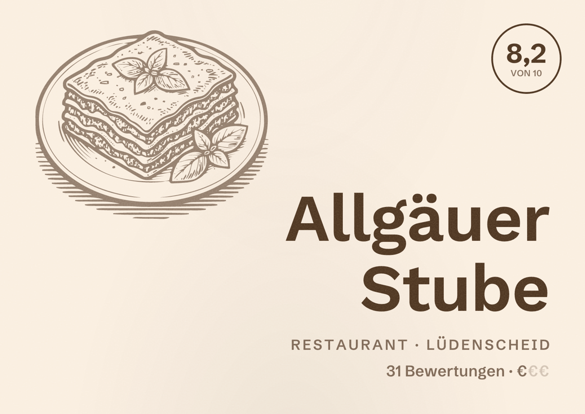 Illustriertes Poster von Allgäuer Stube, Restaurant in Lüdenscheid: Bewertung 8,2 von 10 aus 31 Bewertungen, Preisniveau €