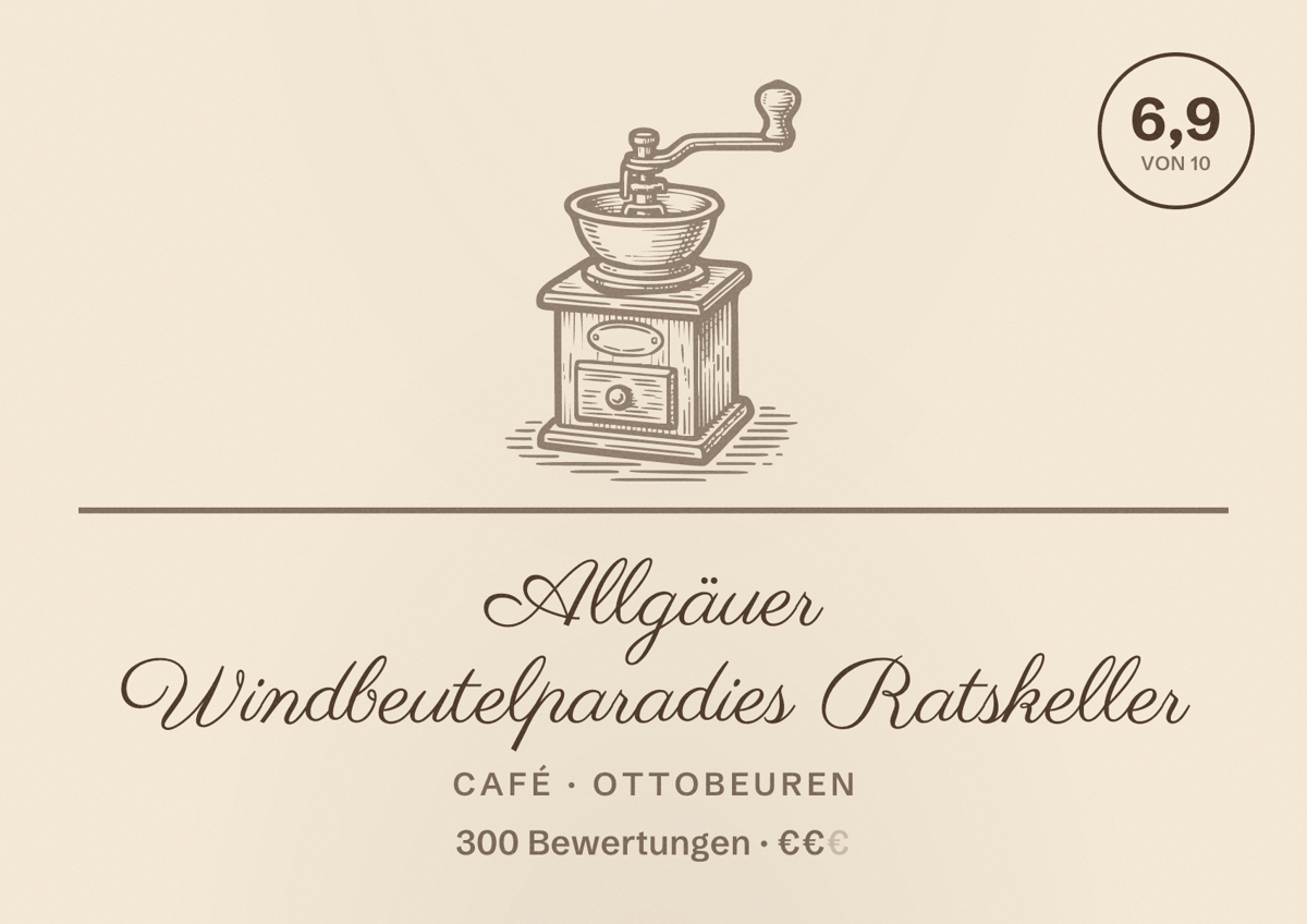 Illustriertes Poster von Allgäuer Windbeutelparadies Ratskeller, Café in Ottobeuren: Bewertung 6,9 von 10 aus 300 Bewertungen, Preisniveau €€
