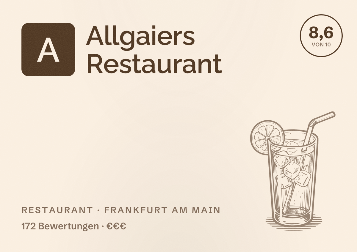 Illustriertes Poster von Allgaiers Restaurant, Restaurant in Frankfurt am Main: Bewertung 8,6 von 10 aus 172 Bewertungen, Preisniveau €€€