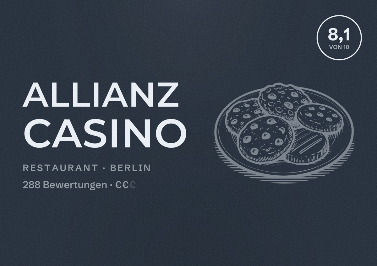 Illustriertes Poster von Allianz Casino, Restaurant in Berlin: Bewertung 8,1 von 10 aus 288 Bewertungen, Preisniveau €€