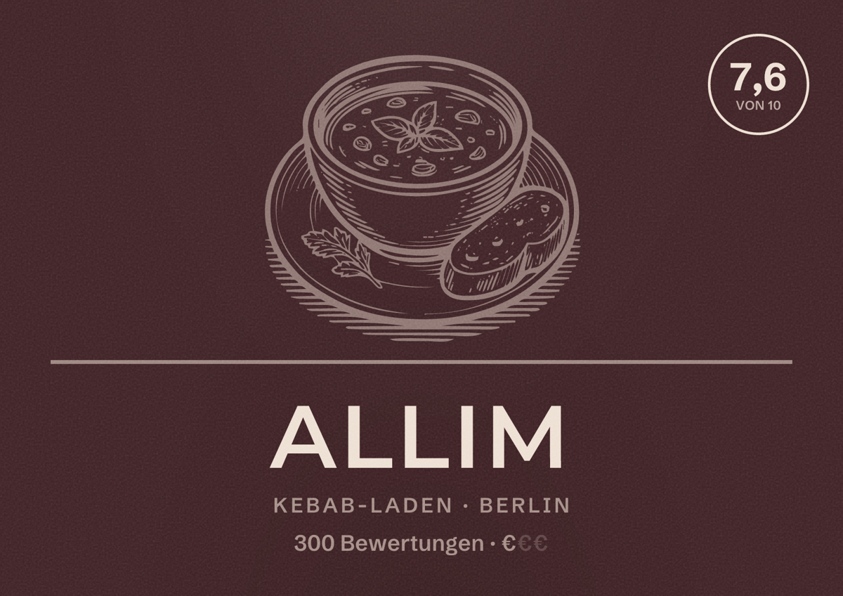 Illustriertes Poster von Allim, Kebab-Laden in Berlin: Bewertung 7,6 von 10 aus 300 Bewertungen, Preisniveau €