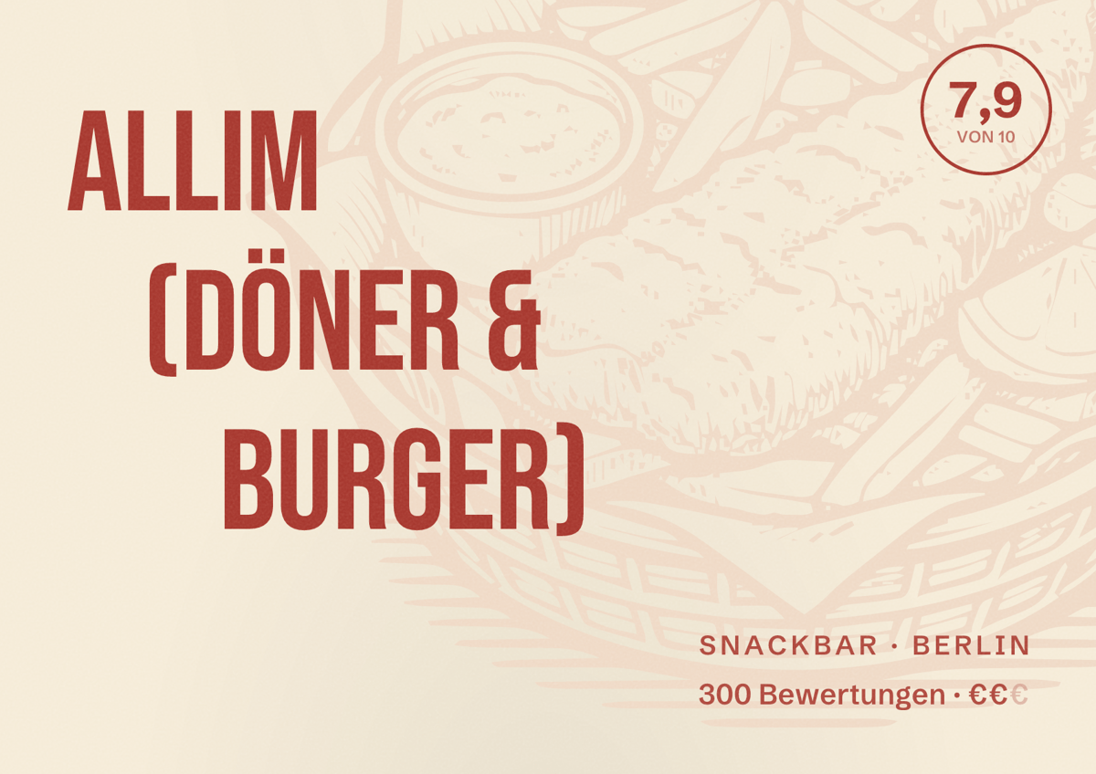Illustriertes Poster von Allim (Döner & Burger), Snackbar in Berlin: Bewertung 7,9 von 10 aus 300 Bewertungen, Preisniveau €€