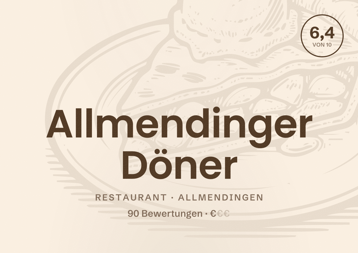 Illustriertes Poster von Allmendinger Döner, Restaurant in Allmendingen: Bewertung 6,4 von 10 aus 90 Bewertungen, Preisniveau €
