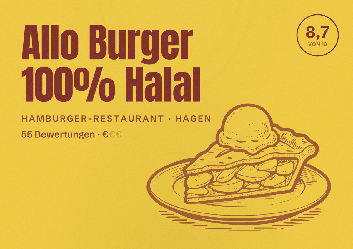 Illustriertes Poster von Allo Burger 100% Halal, Hamburger-Restaurant in Hagen: Bewertung 8,7 von 10 aus 55 Bewertungen, Preisniveau €