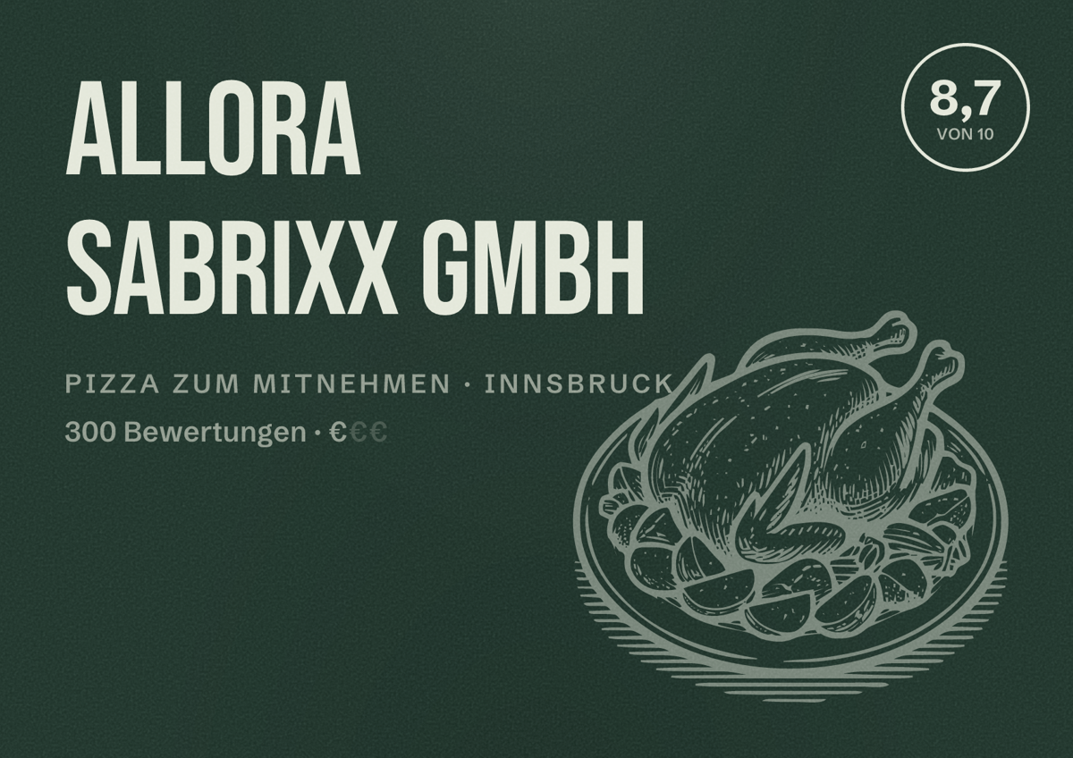 Illustriertes Poster von Allora SabriXX GmbH, Pizza zum Mitnehmen in Innsbruck: Bewertung 8,7 von 10 aus 300 Bewertungen, Preisniveau €