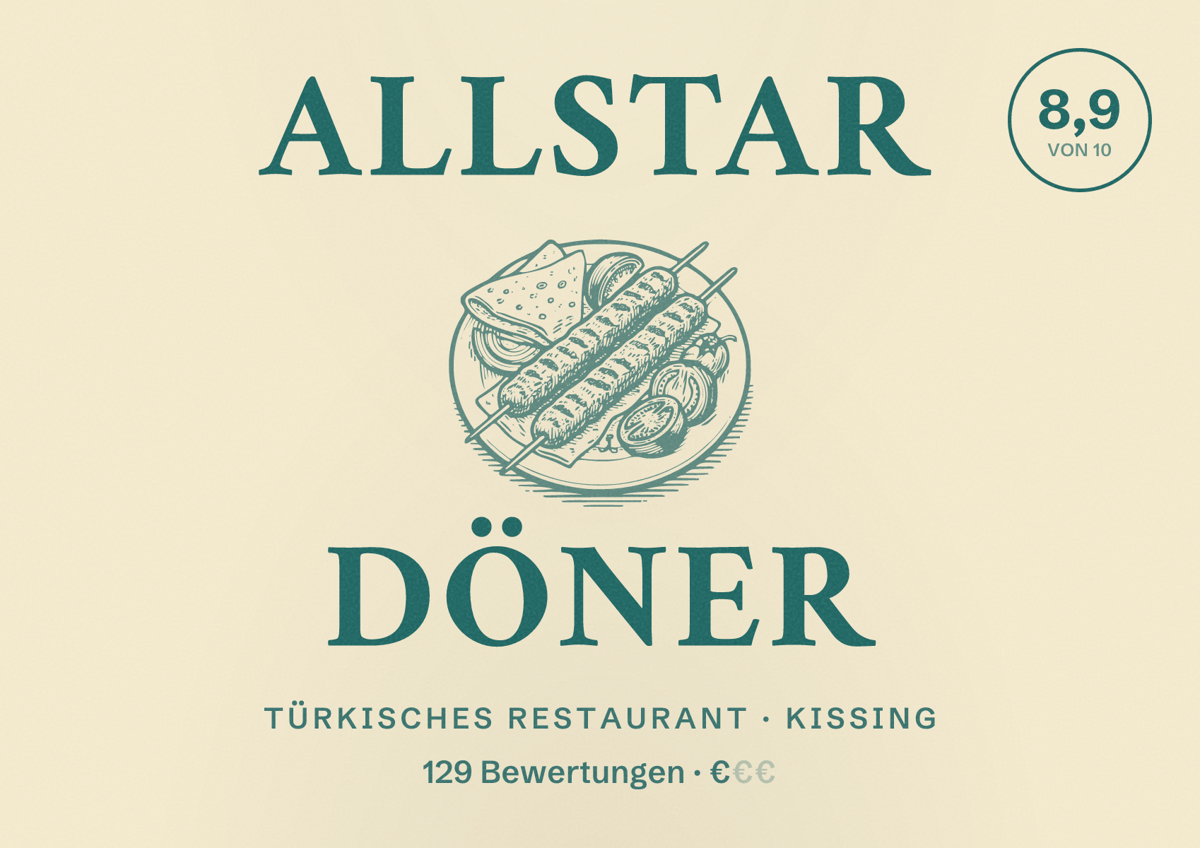 Illustriertes Poster von Allstar Döner, Türkisches Restaurant in Kissing: Bewertung 8,9 von 10 aus 129 Bewertungen, Preisniveau €