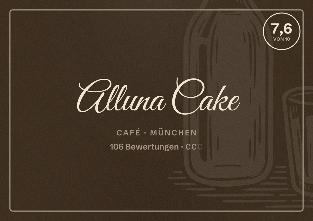 Illustriertes Poster von Alluna Cake, Café in München: Bewertung 7,6 von 10 aus 106 Bewertungen, Preisniveau €€