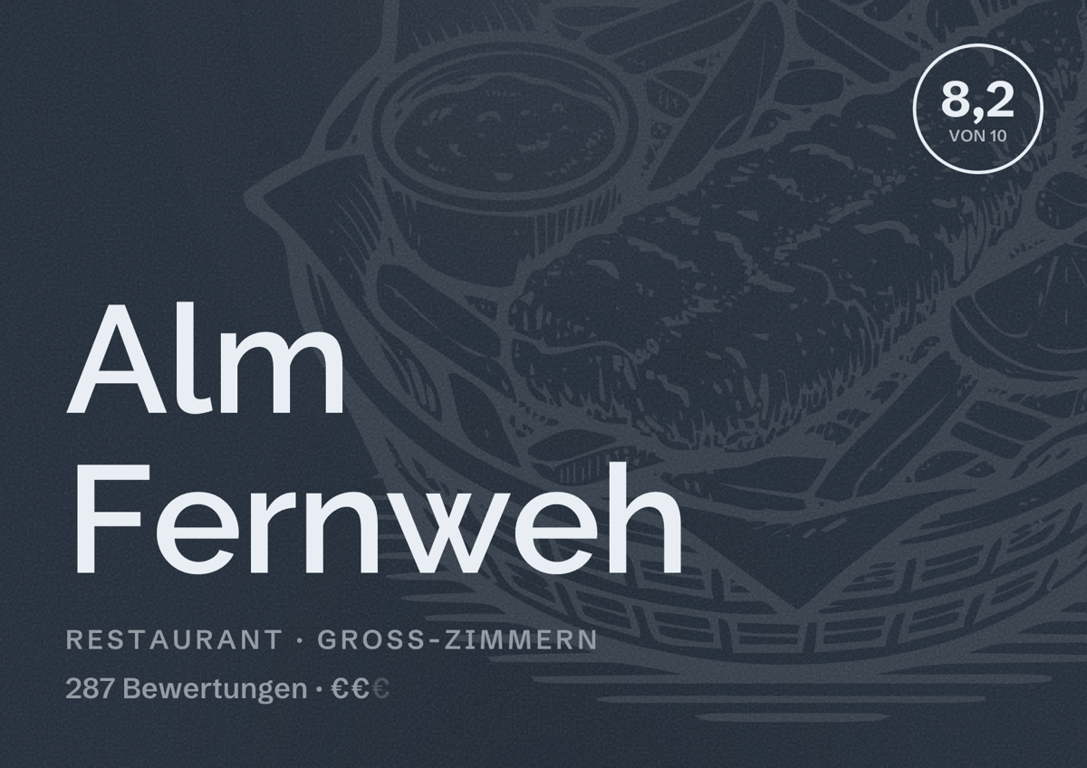 Illustriertes Poster von Alm Fernweh, Restaurant in Groß-Zimmern: Bewertung 8,2 von 10 aus 287 Bewertungen, Preisniveau €€