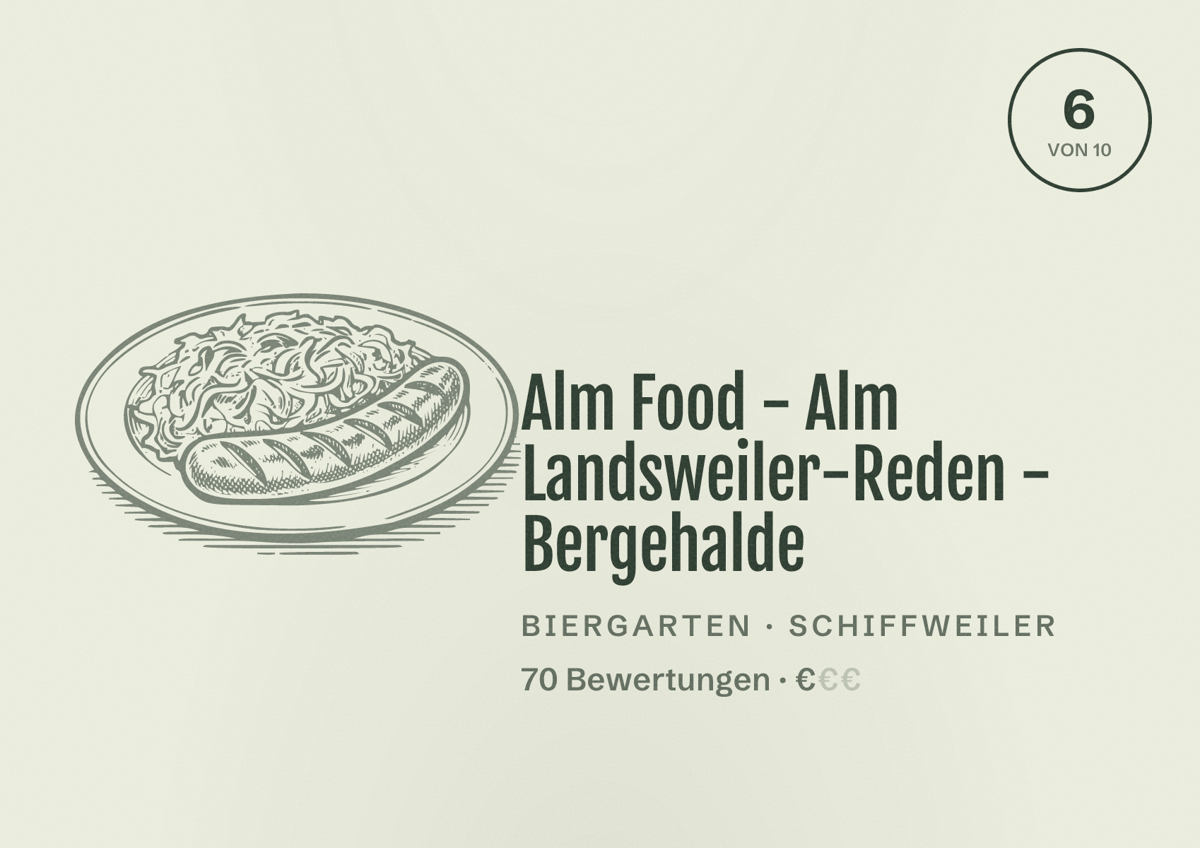 Illustriertes Poster von Alm Food - Alm Landsweiler-Reden - Bergehalde, Biergarten in Schiffweiler: Bewertung 6 von 10 aus 70 Bewertungen, Preisniveau €