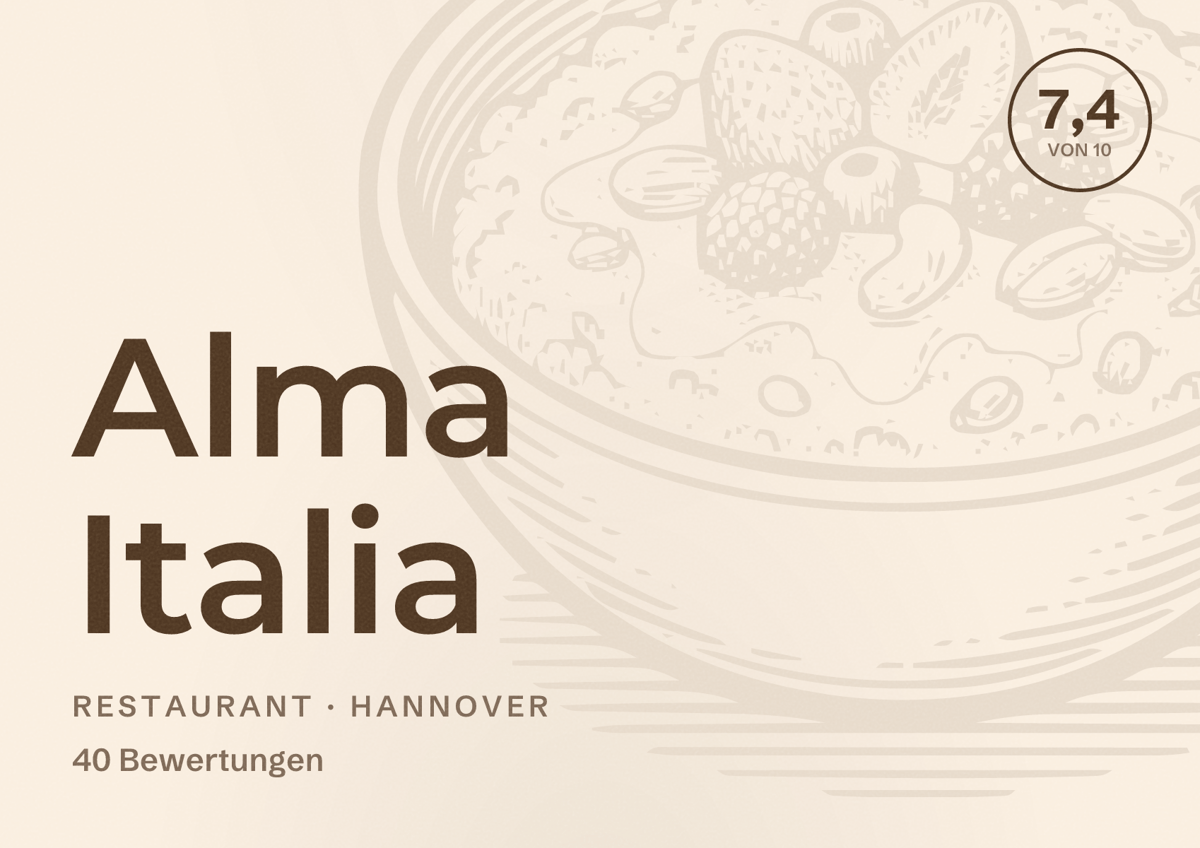 Illustriertes Poster von Alma Italia, Restaurant in Hannover: Bewertung 7,4 von 10 aus 40 Bewertungen