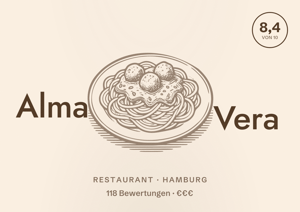 Illustriertes Poster von Alma Vera, Restaurant in Hamburg: Bewertung 8,4 von 10 aus 118 Bewertungen, Preisniveau €€€