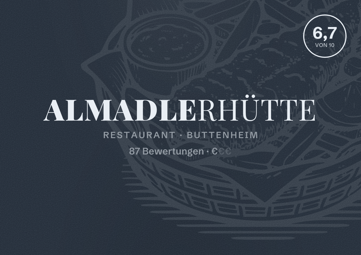 Illustriertes Poster von Almadlerhütte, Restaurant in Buttenheim: Bewertung 6,7 von 10 aus 87 Bewertungen, Preisniveau €