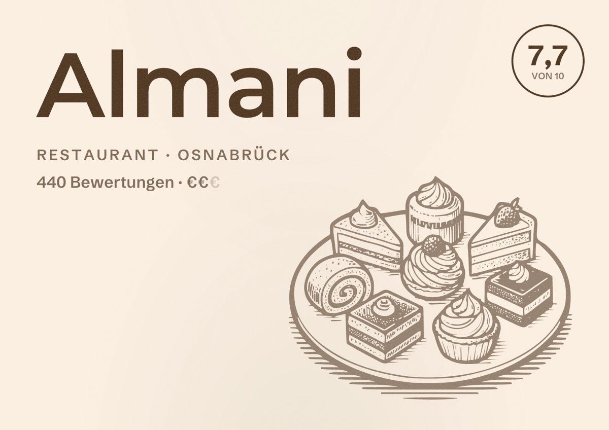 Illustriertes Poster von Almani, Restaurant in Osnabrück: Bewertung 7,7 von 10 aus 440 Bewertungen, Preisniveau €€