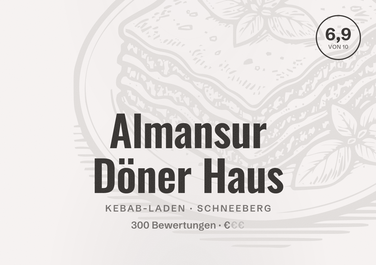 Illustriertes Poster von Almansur Döner Haus, Kebab-Laden in Schneeberg: Bewertung 6,9 von 10 aus 300 Bewertungen, Preisniveau €
