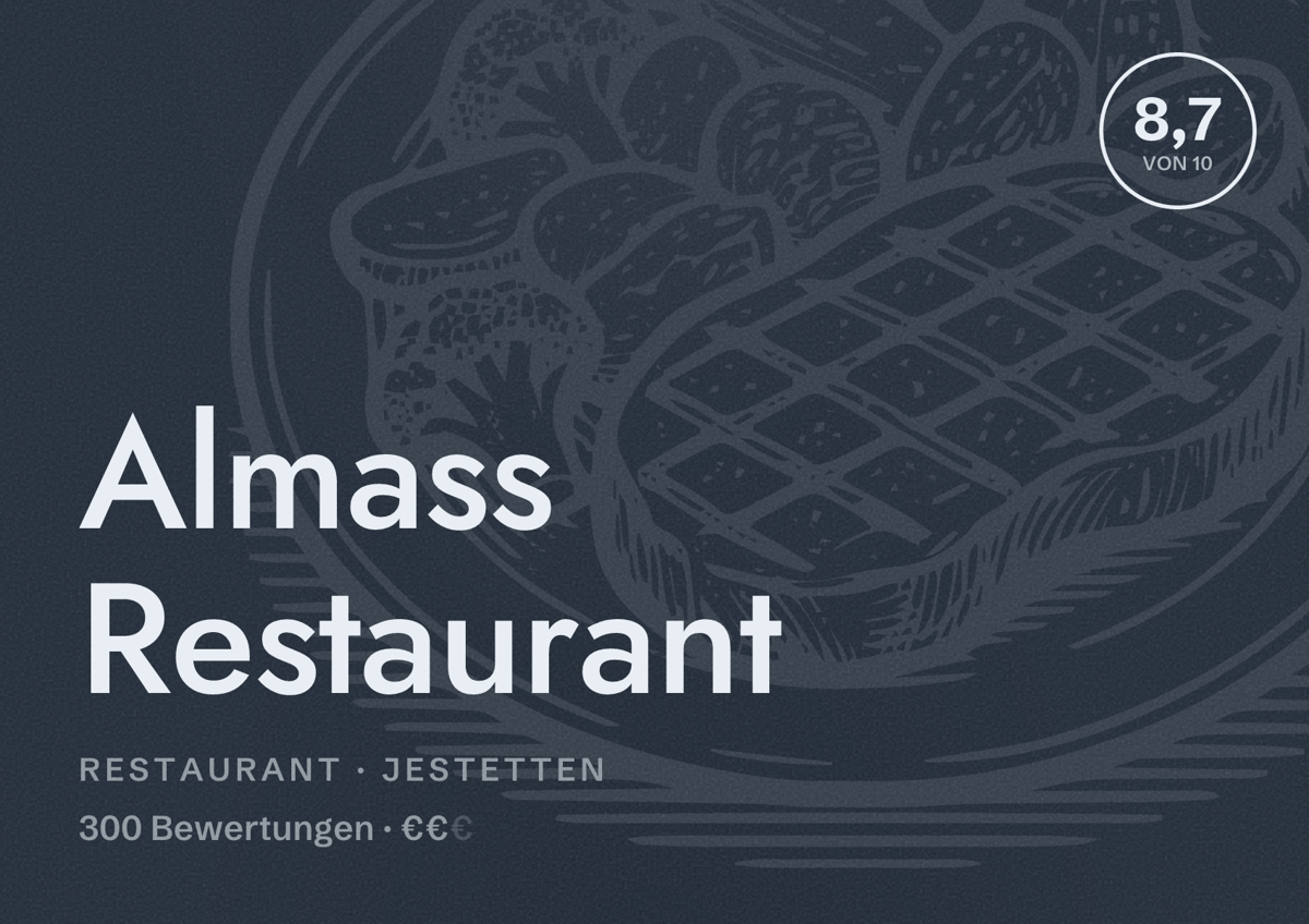 Illustriertes Poster von Almass Restaurant, Restaurant in Jestetten: Bewertung 8,7 von 10 aus 300 Bewertungen, Preisniveau €€