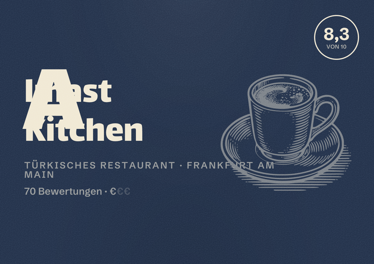 Illustriertes Poster von Almast Kitchen, Türkisches Restaurant in Frankfurt am Main: Bewertung 8,3 von 10 aus 70 Bewertungen, Preisniveau €