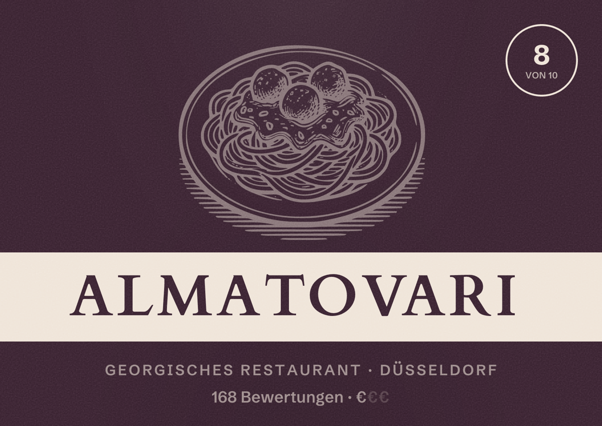 Illustriertes Poster von Almatovari, Georgisches Restaurant in Düsseldorf: Bewertung 8,0 von 10 aus 168 Bewertungen, Preisniveau €