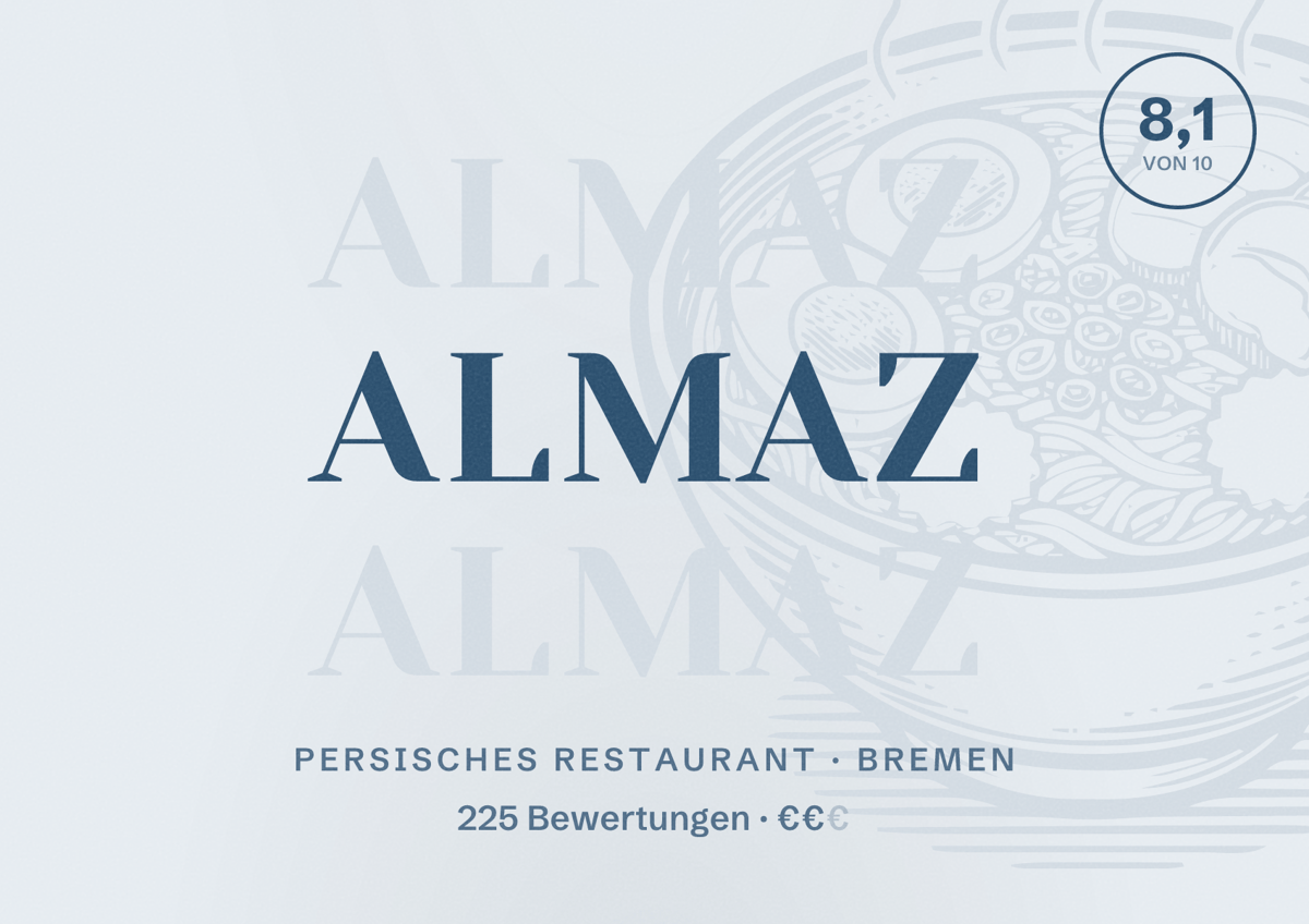 Illustriertes Poster von Almaz, Persisches Restaurant in Bremen: Bewertung 8,1 von 10 aus 225 Bewertungen, Preisniveau €€