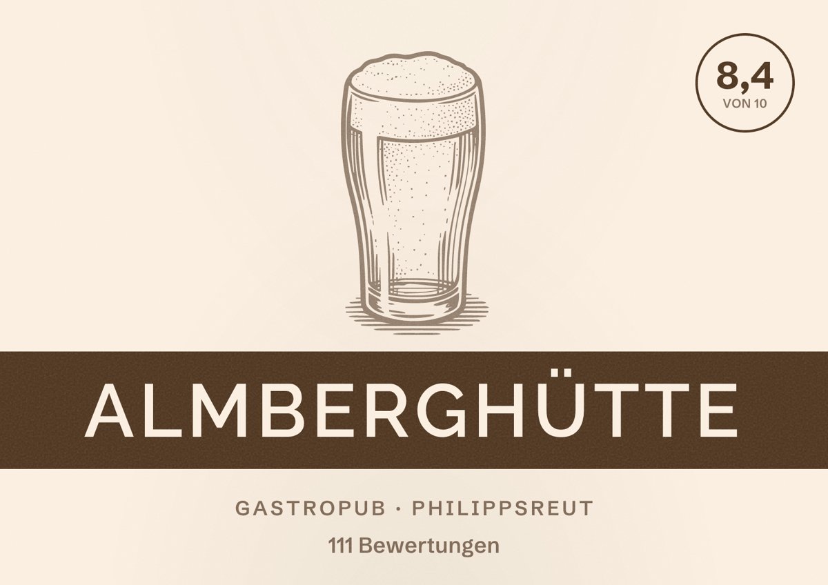 Illustriertes Poster von Almberghütte, Gastropub in Philippsreut: Bewertung 8,4 von 10 aus 111 Bewertungen