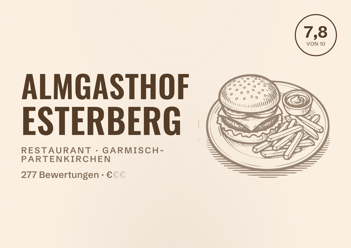 Illustriertes Poster von Almgasthof Esterberg, Restaurant in Garmisch-Partenkirchen: Bewertung 7,8 von 10 aus 277 Bewertungen, Preisniveau €