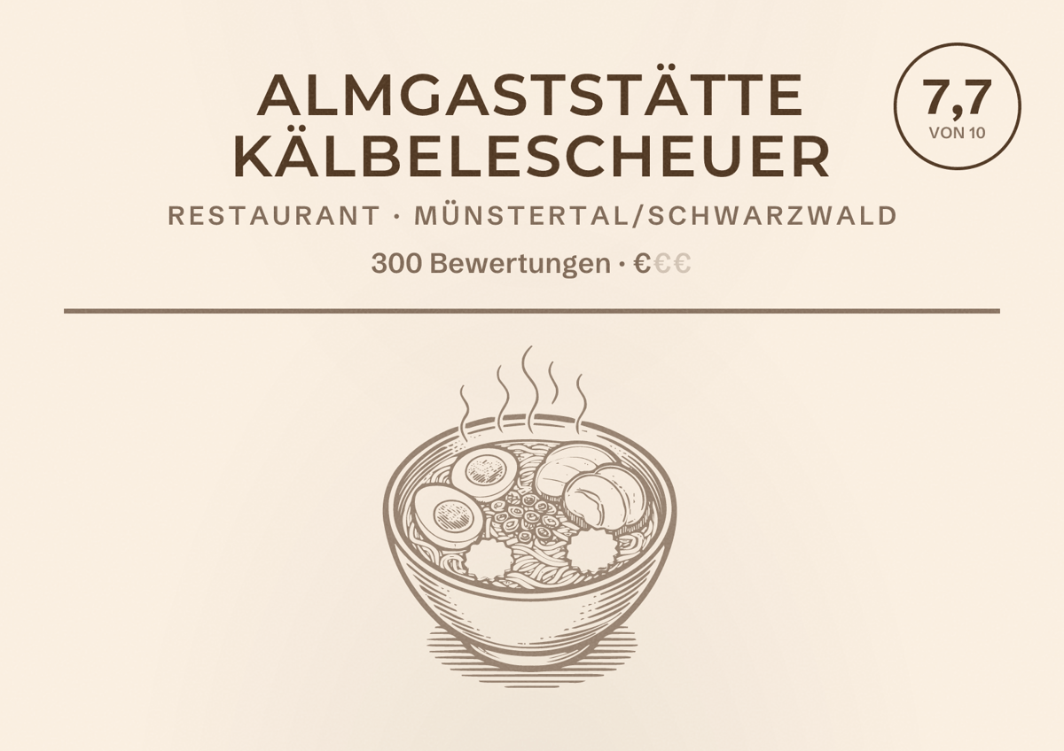 Illustriertes Poster von Almgaststätte Kälbelescheuer, Restaurant in Münstertal/Schwarzwald: Bewertung 7,7 von 10 aus 300 Bewertungen, Preisniveau €