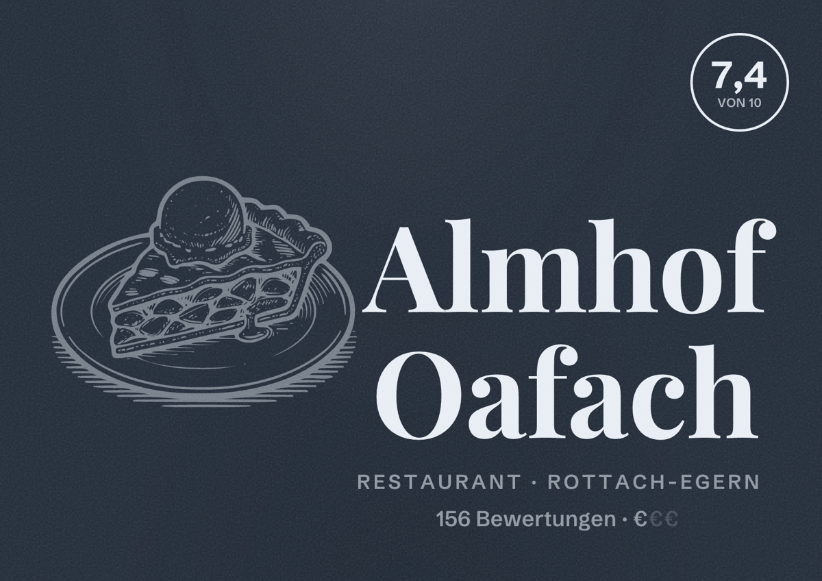 Illustriertes Poster von Almhof Oafach, Restaurant in Rottach-Egern: Bewertung 7,4 von 10 aus 156 Bewertungen, Preisniveau €