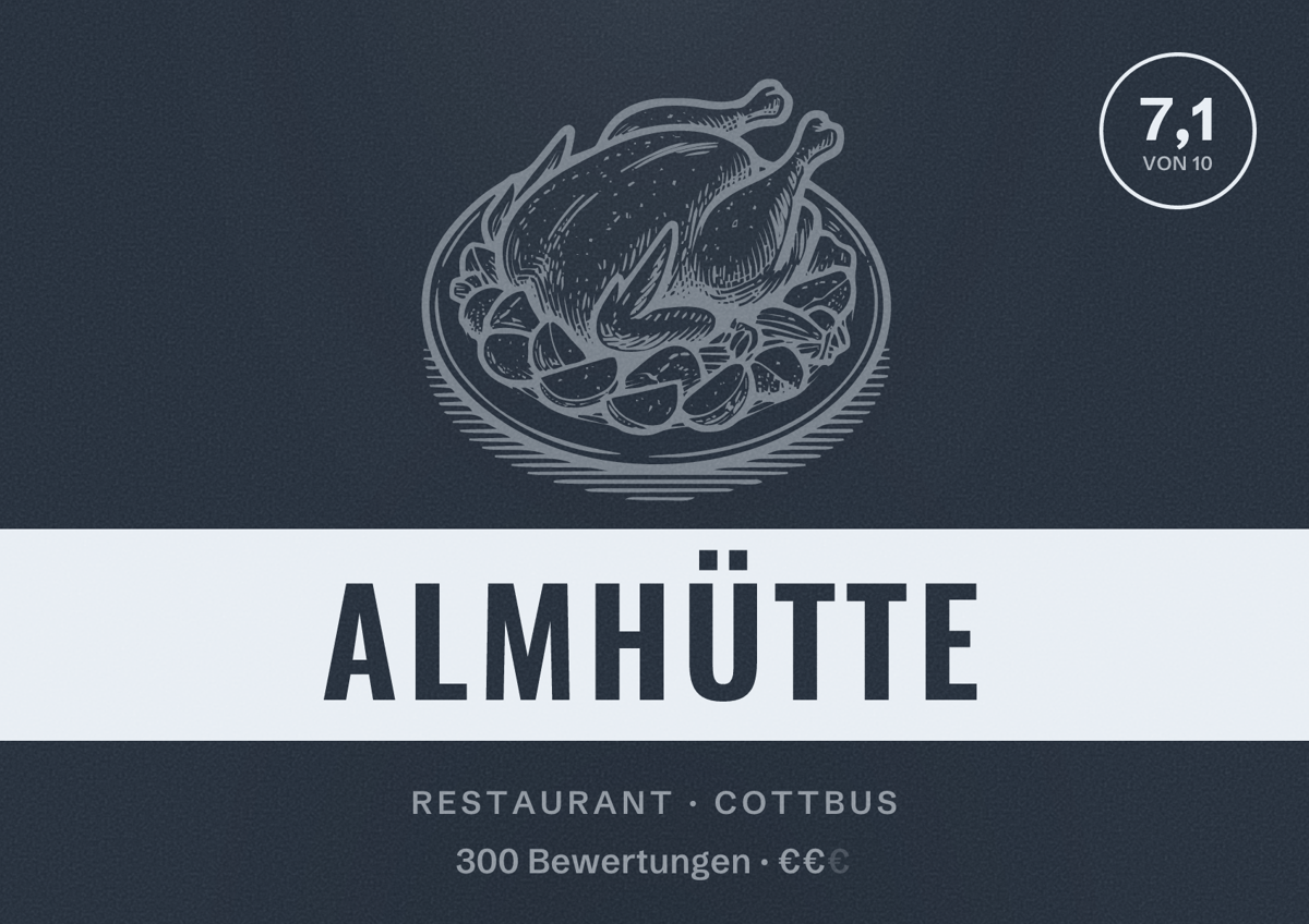 Illustriertes Poster von Almhütte, Restaurant in Cottbus: Bewertung 7,1 von 10 aus 300 Bewertungen, Preisniveau €€