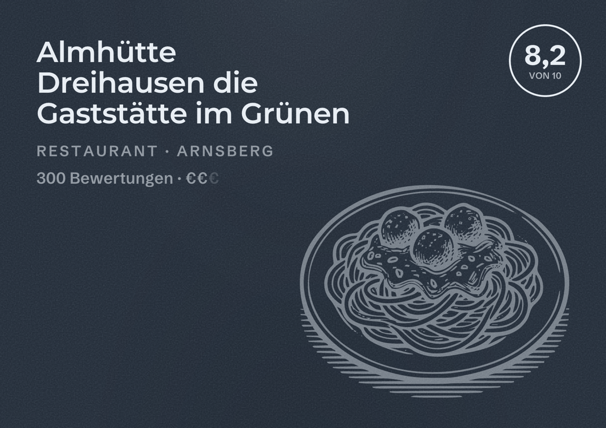 Illustriertes Poster von Almhütte Dreihausen die Gaststätte im Grünen, Restaurant in Arnsberg: Bewertung 8,2 von 10 aus 300 Bewertungen, Preisniveau €€