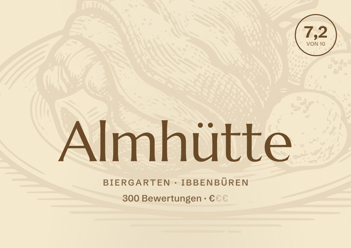 Illustriertes Poster von Almhütte, Biergarten in Ibbenbüren: Bewertung 7,2 von 10 aus 300 Bewertungen, Preisniveau €