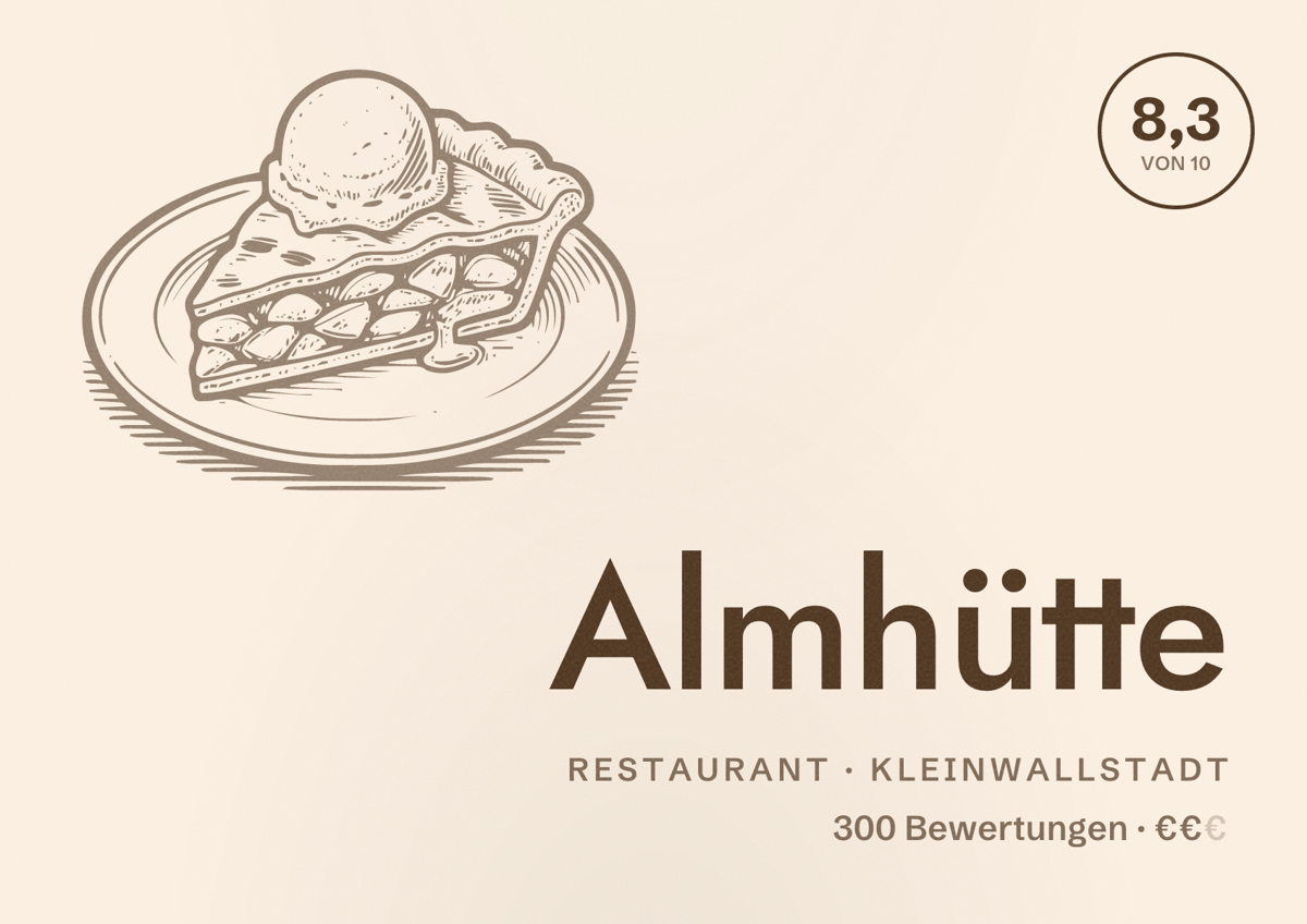 Illustriertes Poster von Almhütte, Restaurant in Kleinwallstadt: Bewertung 8,3 von 10 aus 300 Bewertungen, Preisniveau €€