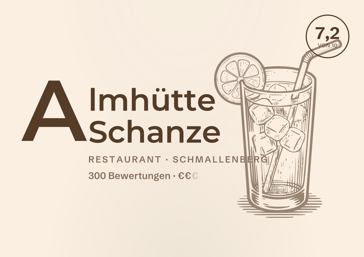 Illustriertes Poster von Almhütte Schanze, Restaurant in Schmallenberg: Bewertung 7,2 von 10 aus 300 Bewertungen, Preisniveau €€