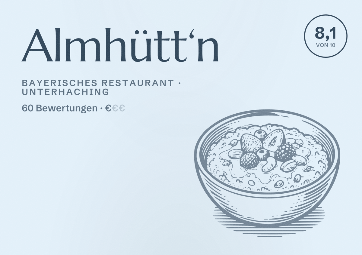 Illustriertes Poster von Almhütt‘n, Bayerisches Restaurant in Unterhaching: Bewertung 8,1 von 10 aus 60 Bewertungen, Preisniveau €