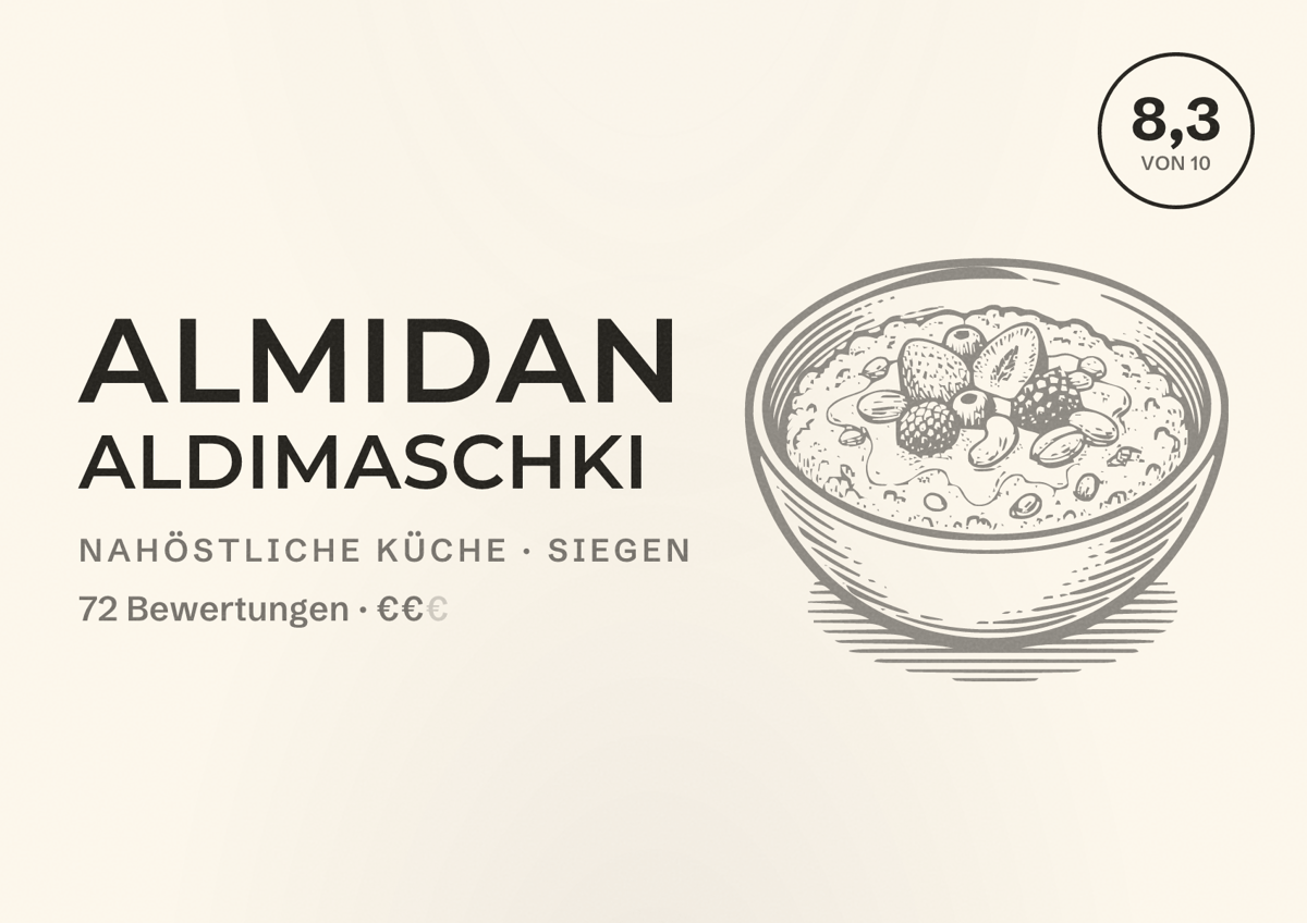 Illustriertes Poster von Almidan Aldimaschki, Nahöstliche Küche in Siegen: Bewertung 8,3 von 10 aus 72 Bewertungen, Preisniveau €€